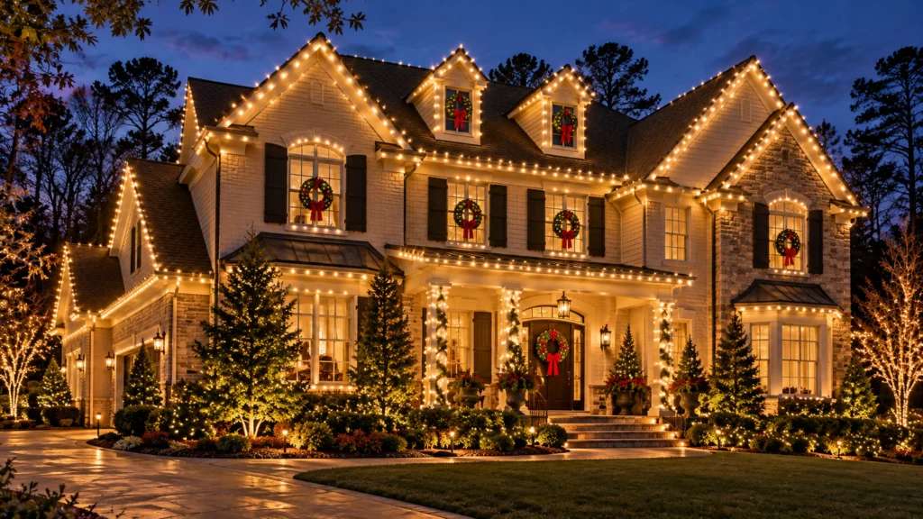 Two-story Atlanta-style home with warm white Christmas lights outlining upper gables, dormers, rooflines and entry columns at dusk