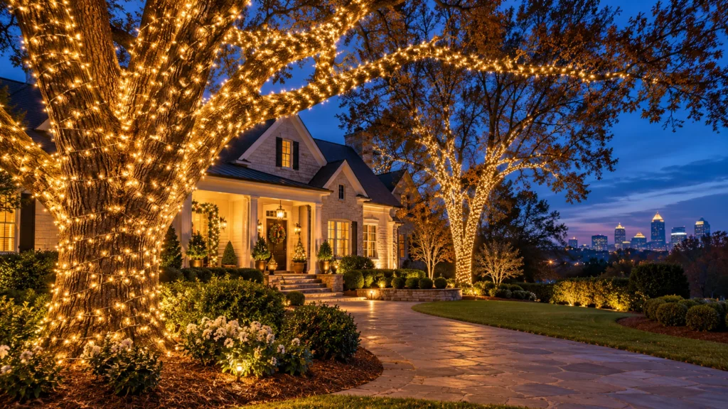 Mature yard trees wrapped in warm white Christmas string lights beside an Atlanta-style home at blue hour