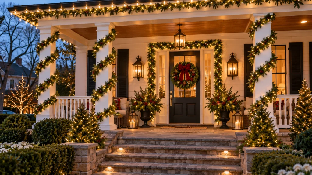 Atlanta-style front porch decorated with illuminated garlands, wrapped columns, a holiday wreath and warm white Christmas lights