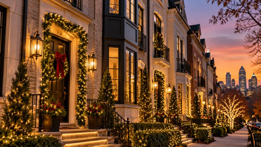Narrow Atlanta-style townhomes decorated with Christmas lights, greenery and lit entryways along a shared streetscape