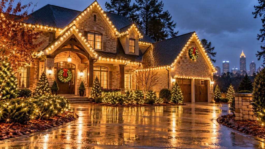 Outdoor Christmas lights shining along rooflines and landscaping above a rain-wet driveway at an Atlanta-style home