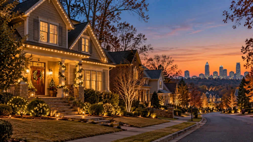 Quiet Atlanta-style neighborhood at sunset with restrained warm white Christmas lights and minimal light spill
