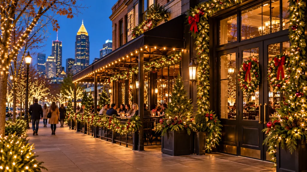 Atlanta-inspired restaurant storefront and outdoor dining area decorated with Christmas garlands, wreaths and warm string lights