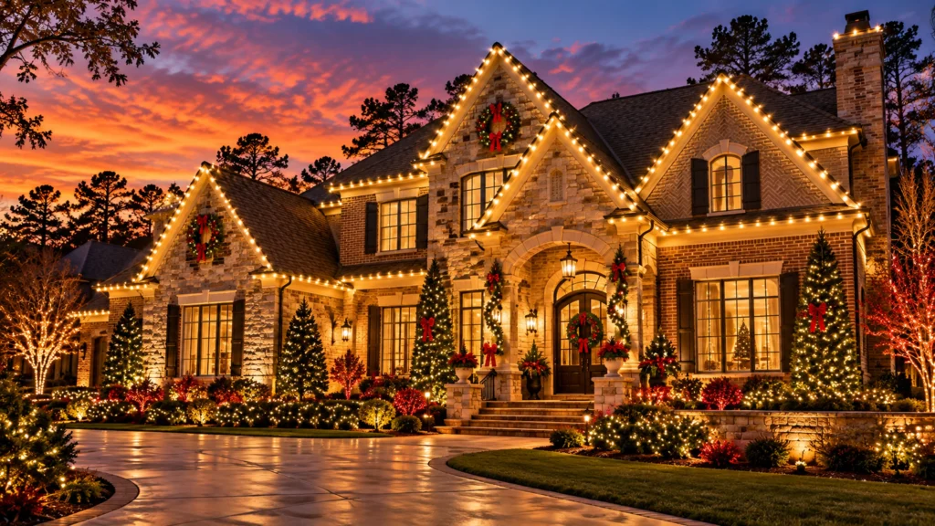 Brick-and-stone Atlanta-style house with warm white roofline lights, red holiday accents and illuminated landscaping
