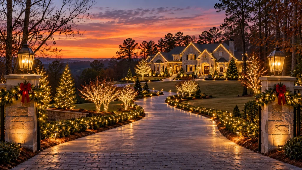 Long curved driveway framed by light-wrapped trees and warm Christmas lights leading to a large Atlanta-style home