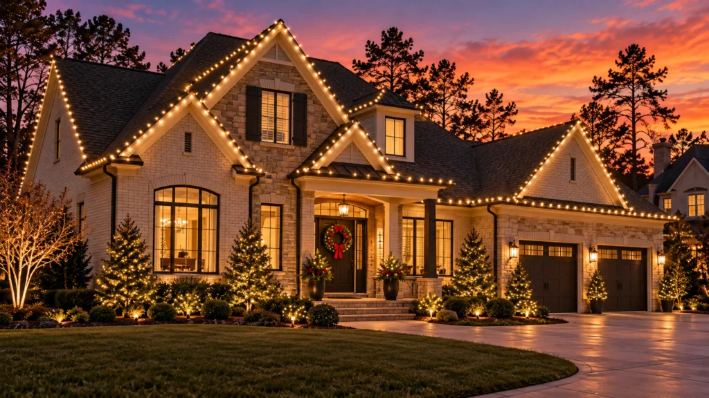 Atlanta-style home with simple roofline Christmas lights, a door wreath and a few neatly illuminated shrubs