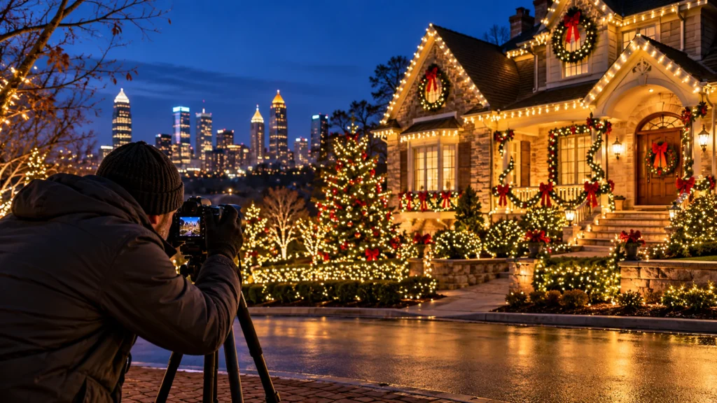 Photographer using a camera and tripod to capture an outdoor Christmas light display at night