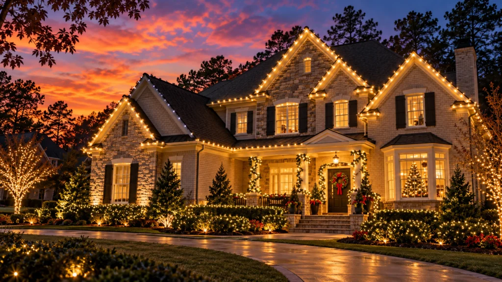 Atlanta-style home with a partially dark roofline Christmas light section beside illuminated bulbs at dusk