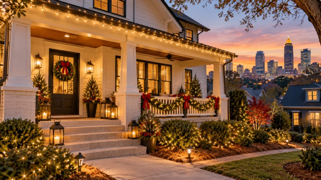 Welcoming Atlanta-style rental home entrance decorated with warm white Christmas lights, garlands and holiday wreaths