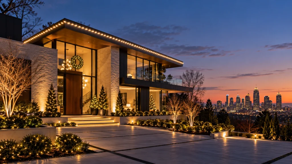 Modern Atlanta-style house with large windows and minimalist warm white Christmas lights accenting clean architectural lines